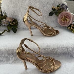 Melly Rose Gold 8 Strappy Stiletto Heels Metallic Ankle Strap Sandals Women’s